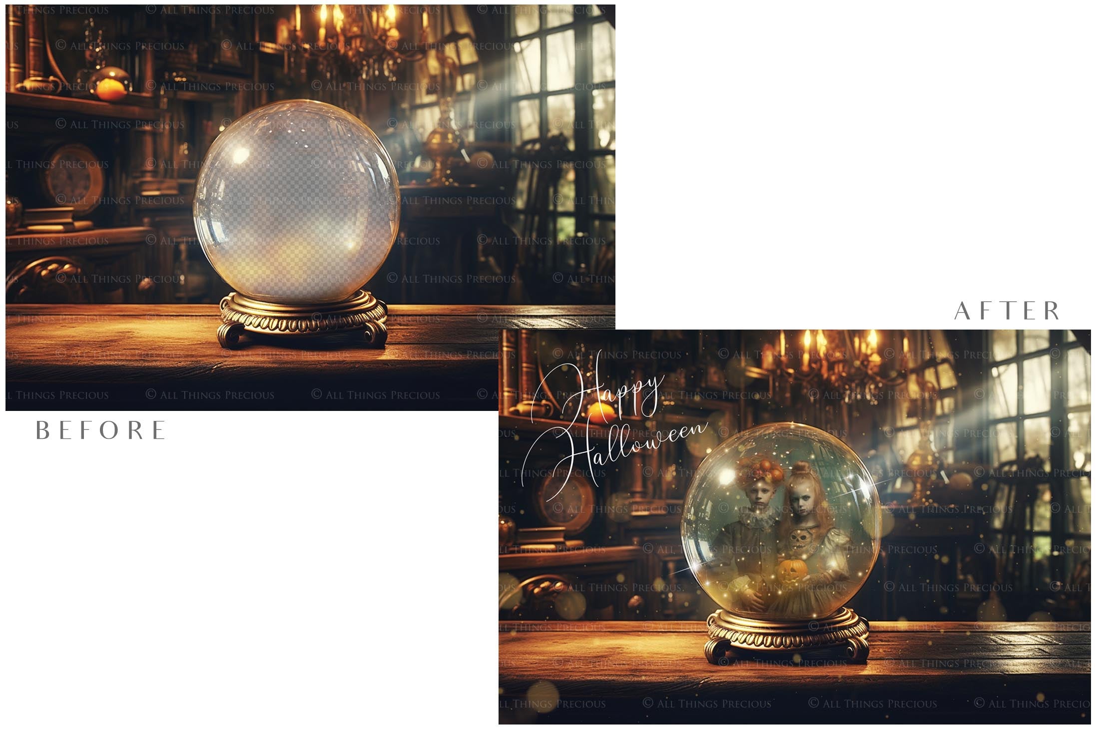 Magical Halloween Template Background. Snow globe with overlays. Add a photo to the digital background. Glass Effect Ornament bauble. Jpeg and Png copies. With magic overlays included. High resolution, quality files for photography, scrapbooking. ATP Textures.